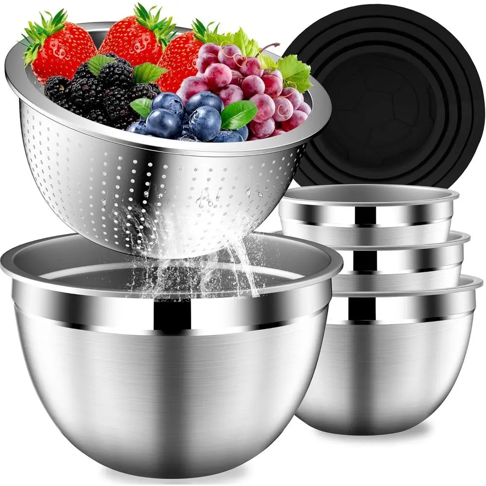 Mixing Bowls Set, Stainless Steel with Color, Strainer, Serving Bowls, Sizes 4.5, 2.5, 2, 1.5 QT - Black