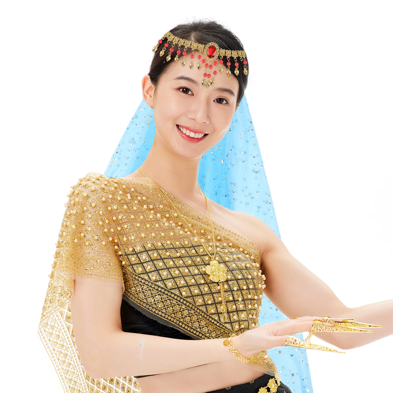 

1 Set Belly Dancer Headpiece Hair Hoop Set Colorful Dot Long Sleeve Top India Dance Performance Veil Lightweight Festival