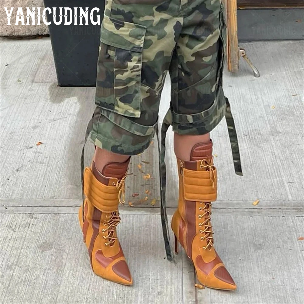 

Multi Sporty Stiletto Booties Pointed Toe Lace up Stiletto Heel Ankle Boots Mid-Calf Shaft Fashion Style Women's Handmade Boots