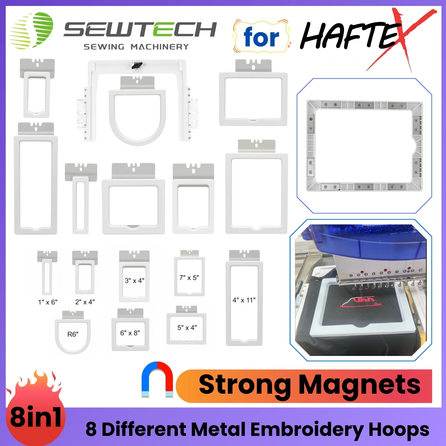 

Magnetic Hoopless Multi-Frame Embroidery Kit for Shirt Pockets Sleeves Socks, Cap Backs Haftex Mini Junior 1501 MAXII PRO2 1502