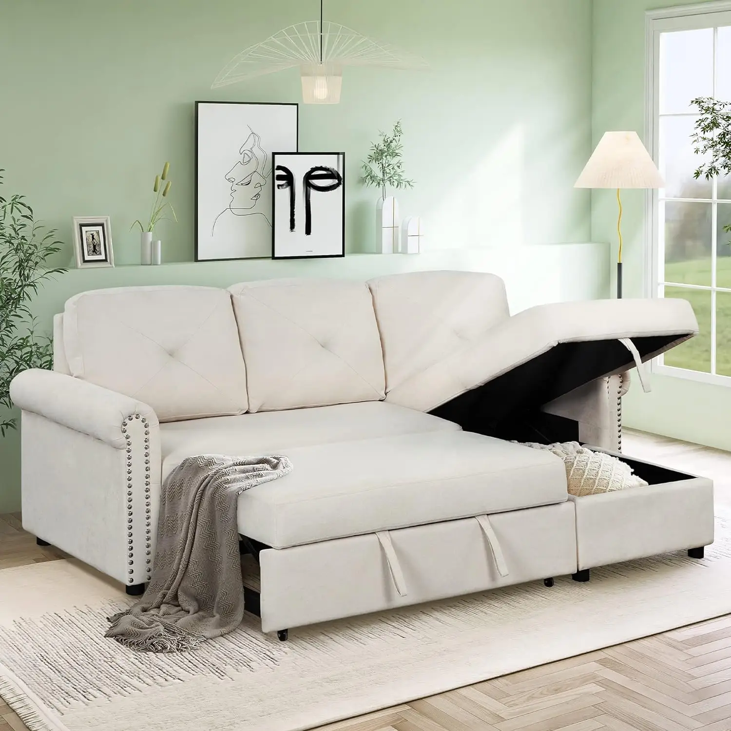 

Sleeper Sectional Couch Pull-Out Sofa Bed Reversible Sectional L-Shape Upholstered Sofa Bed with Storage Chaise for Living Room