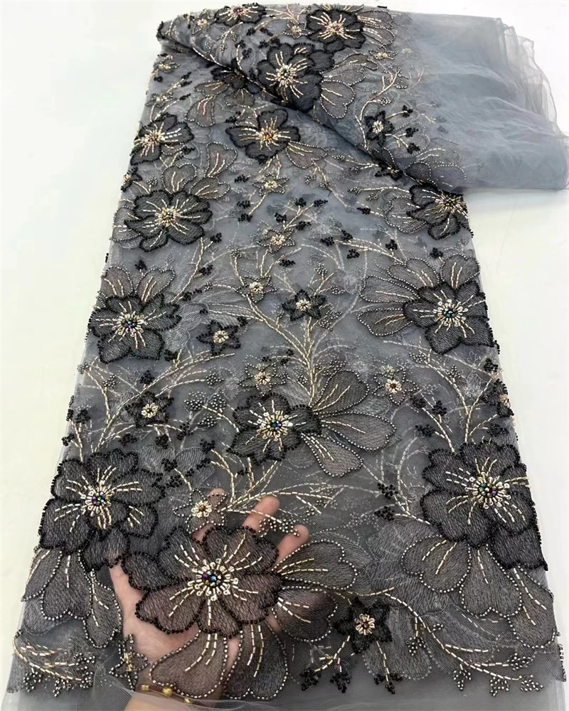 

African Beaded 2025 High Quality Nigerian Sequins With Pearl Lace French Tulle Lace Fabric For Party Dress Sewing