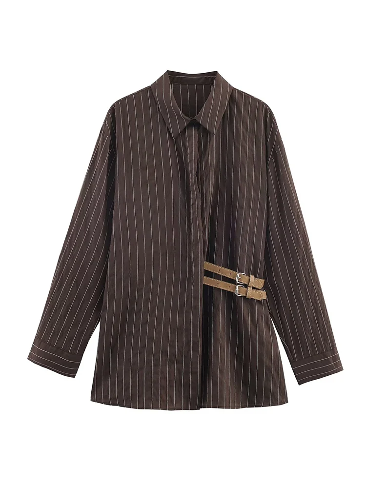 ﻿   TFMLN Vintage chemises à rayures pour femmes ample décontracté boucle décoration Blouse 2026 nouvelle femme col rabattu Chic chemise hauts