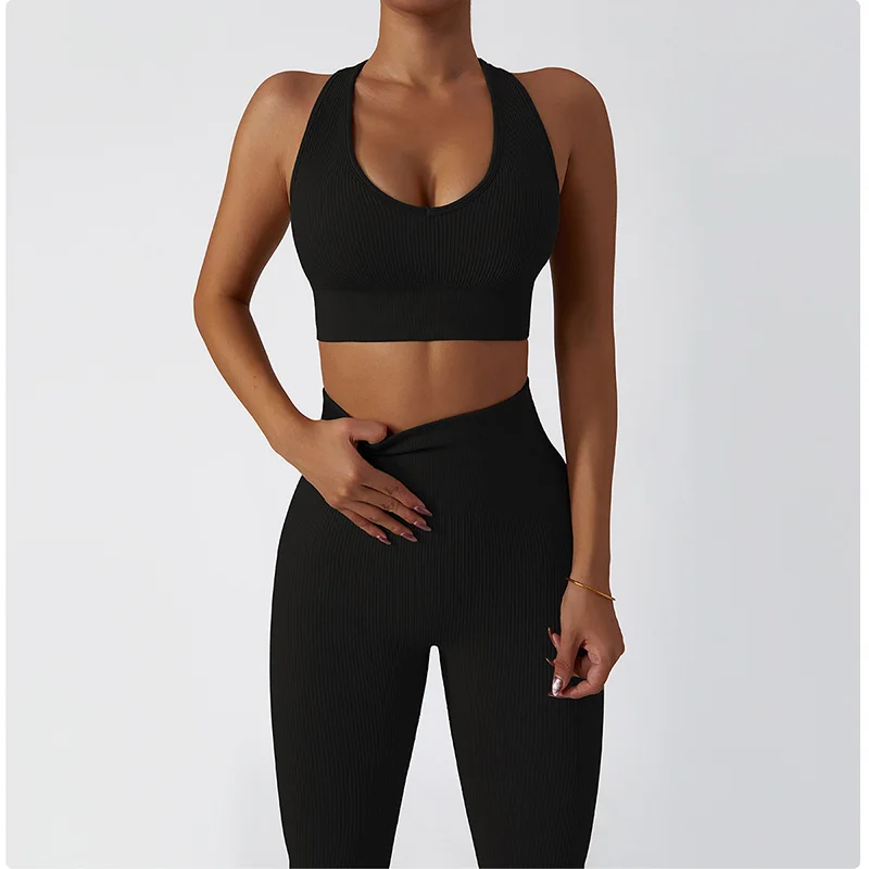 Seamless Gym Set Workout Clothes For Women V Neck Sports Bra High Waist Leggings Yoga Set 2 Piece Fitness Suit Tracksuit