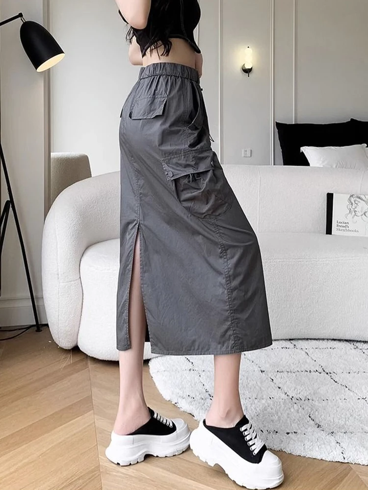 American Y2k Cargo Long Skirt Women High Waist Retro Back Slit Skirt Casual Streetwear Loose Harajuku Female A Line Skirts