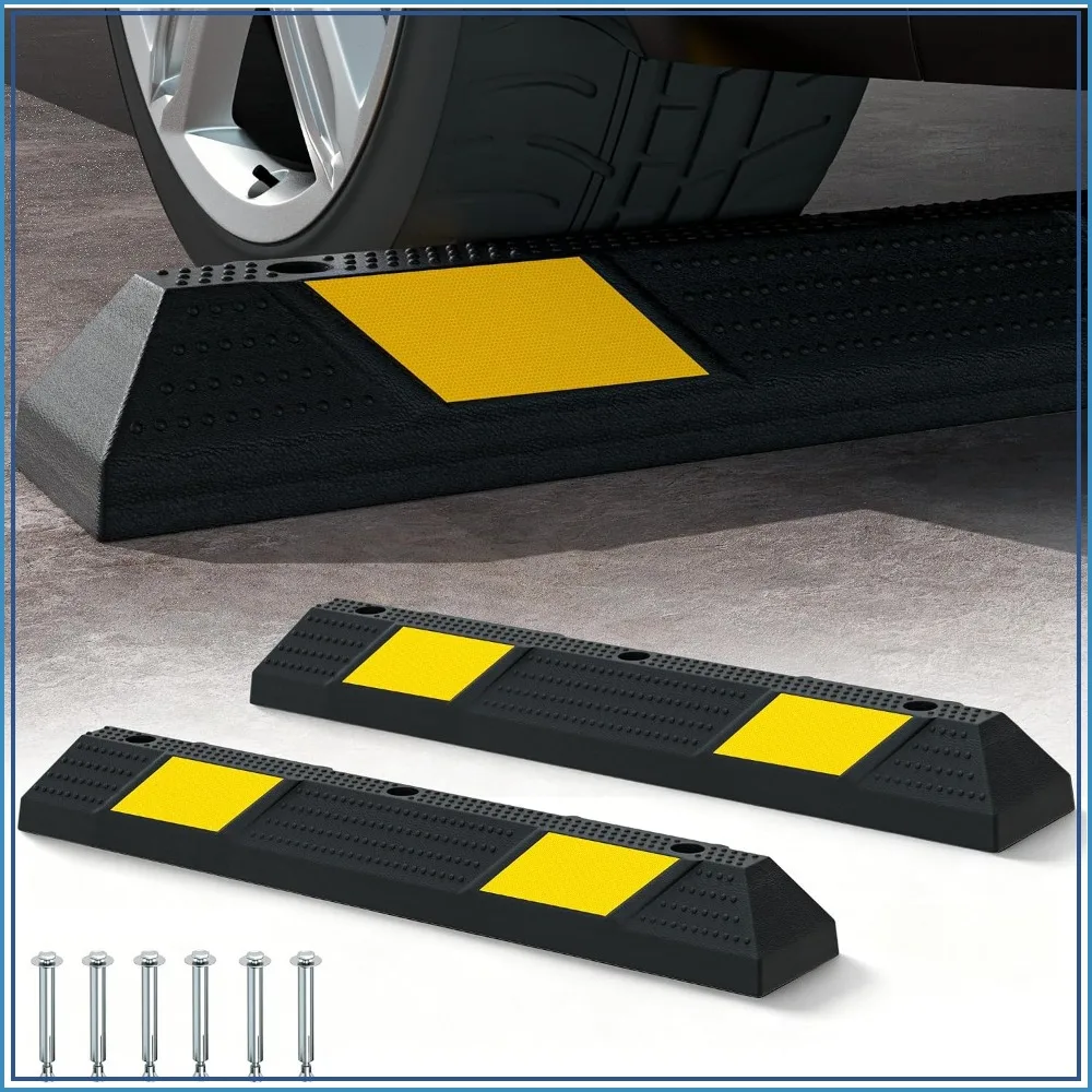 2PCS Rubber Parking Guide Tire Blocks, 35.5" Garage Wheel Stopper with Reflective Stripes for Cars Trucks RVs SUV