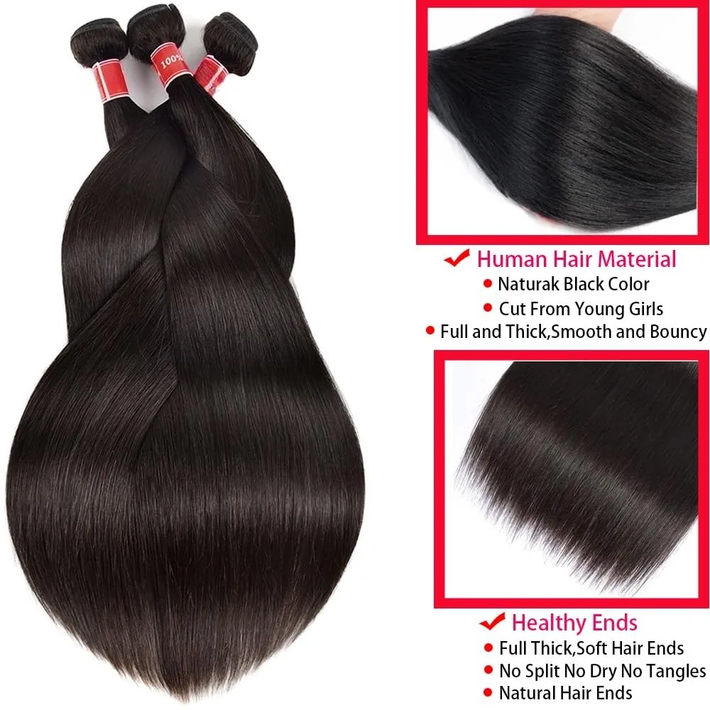 Human Hair Bundles Straight 12-32Inch Unprocessed Brazilian Hair Weave 3 Bundles Silky Black Hair Extensions Raw Quick Weave image 2