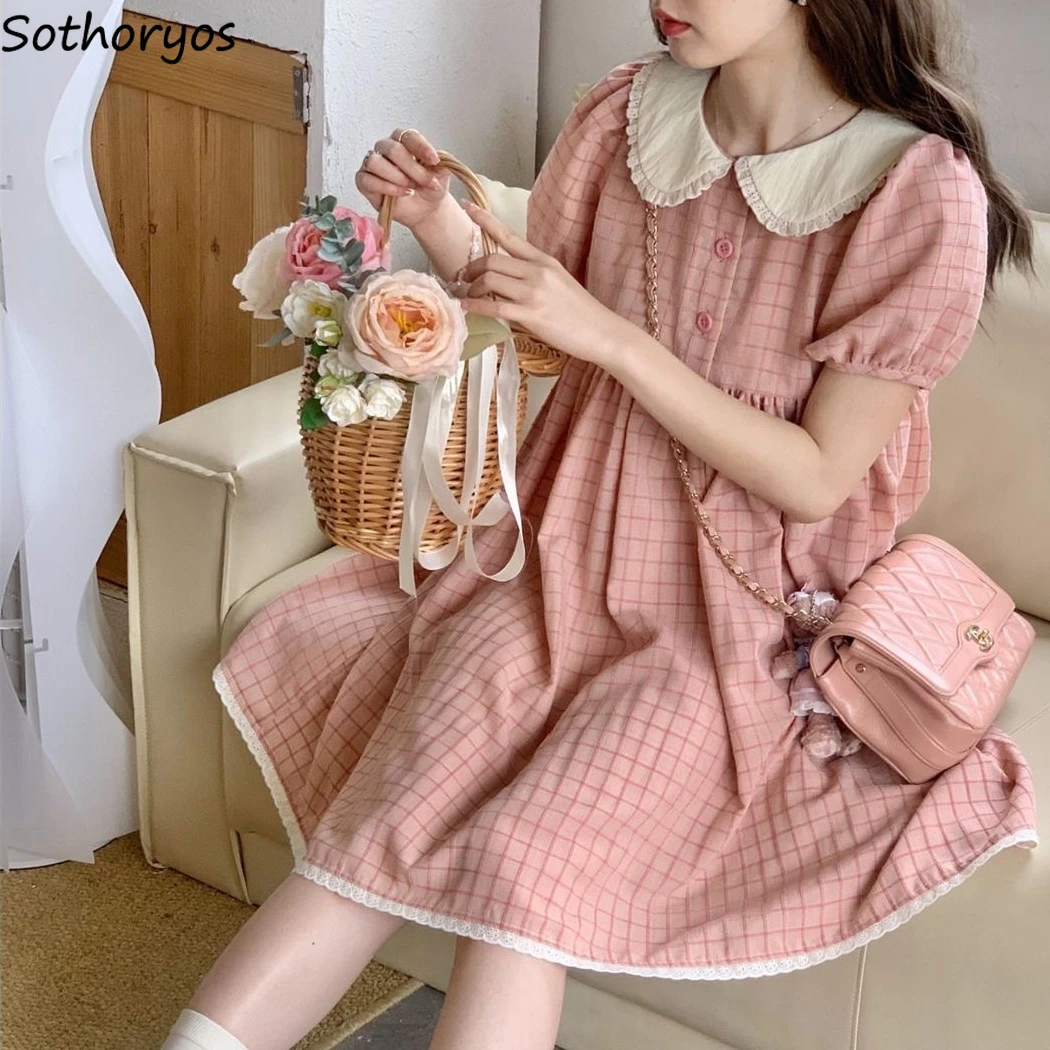 Nightgowns Women Plaid Peter Pan Collar Summer Sweet Girls Sleepwear Lace Kawaii Japanese Style Homewear Short Sleeve Leisure