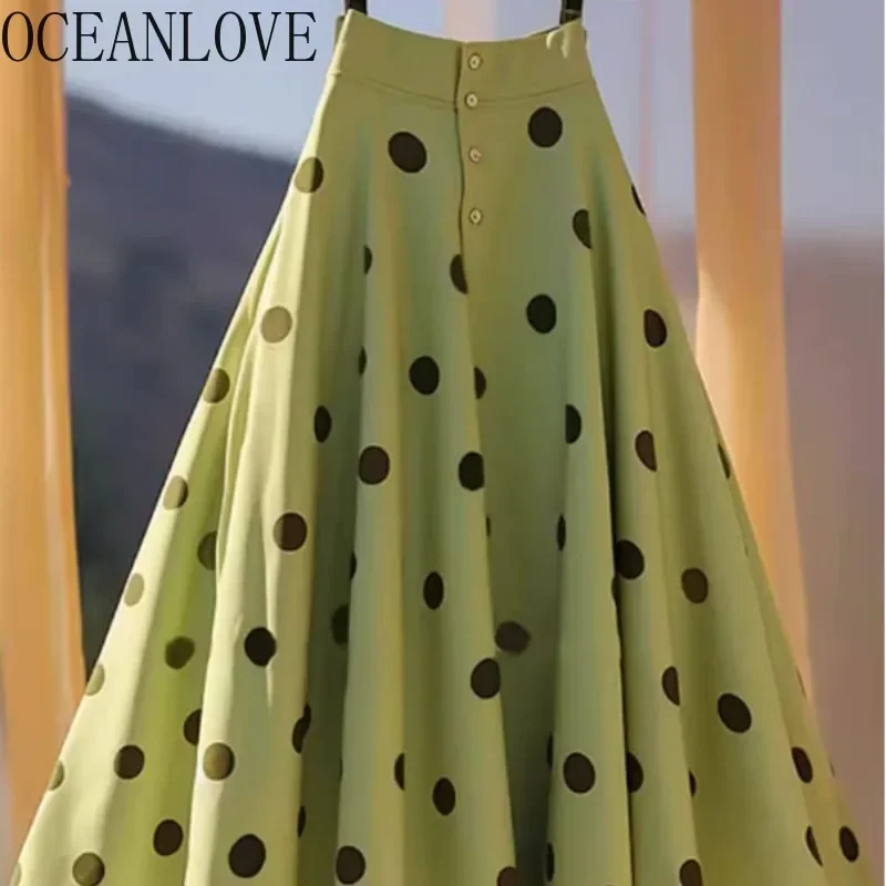 OCEANLOVE Chiffon Long Skirts Polka Dot Green French Style Vintage Spring Autumn Faldas Mujer Fashion Elegant Women Skirt