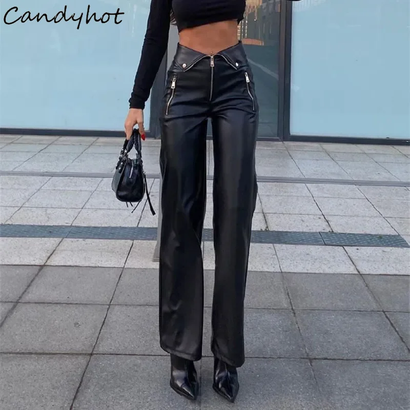 Candyhot PU Leather Zipper Slim Pants Y2K Casual Party Streetwear High-waist Straight Leg Pants 2024 Gothic Chic Women Trousers