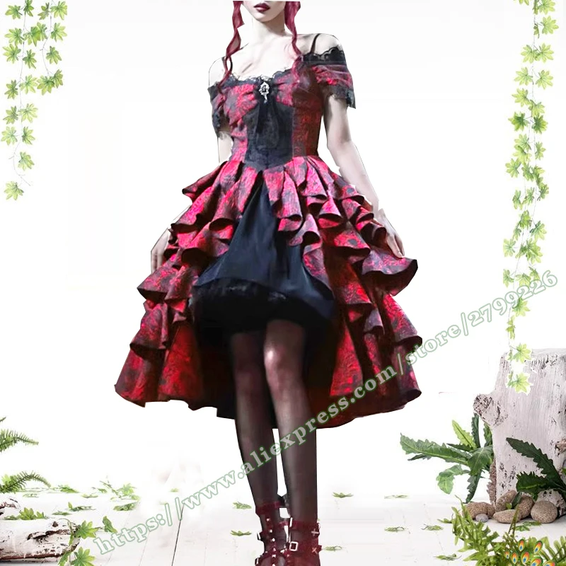 2024 Y2K Japanese Steampunk Punk Asymmetrical Gothic black and red jacquard one shoulder Palace wave Dress for women in summer