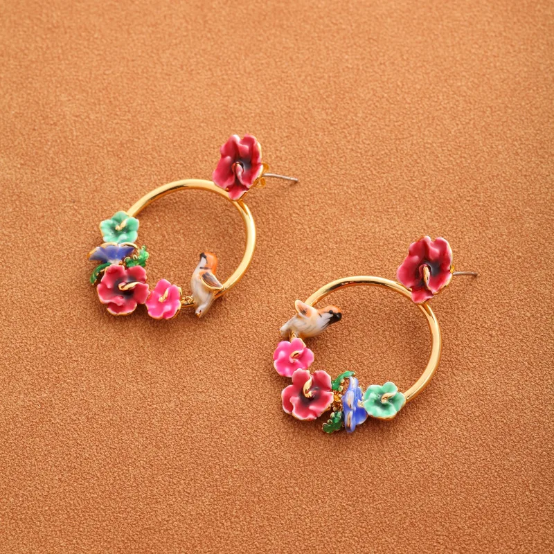 

Fashion Pastoral Style Hand-painted Redbreast Red Flower Pink Green Flower 925 Sterling Silver Needle Yellow Bird Dangle Earring