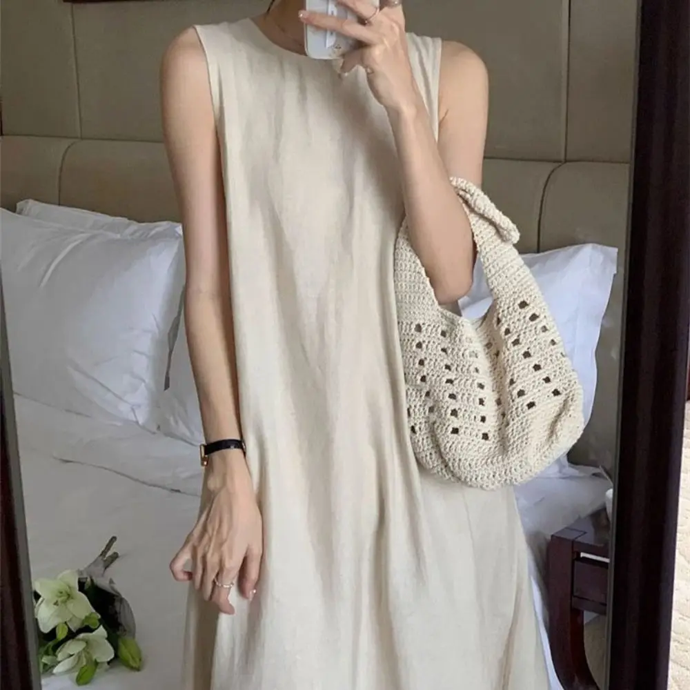 Robe longue élégante d'été sans manches, unie, ajourée, simple, col rond, dos ouvert, style décontracté, pour la plage, pour femme
