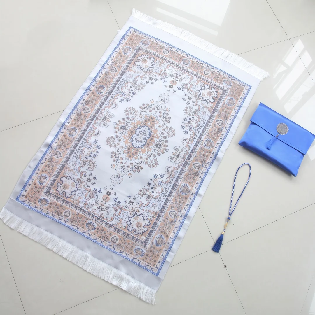 Satin handbag prayer mat, satin floral printed mat strap, prayer mat set including 33 beads for home and outdoor use