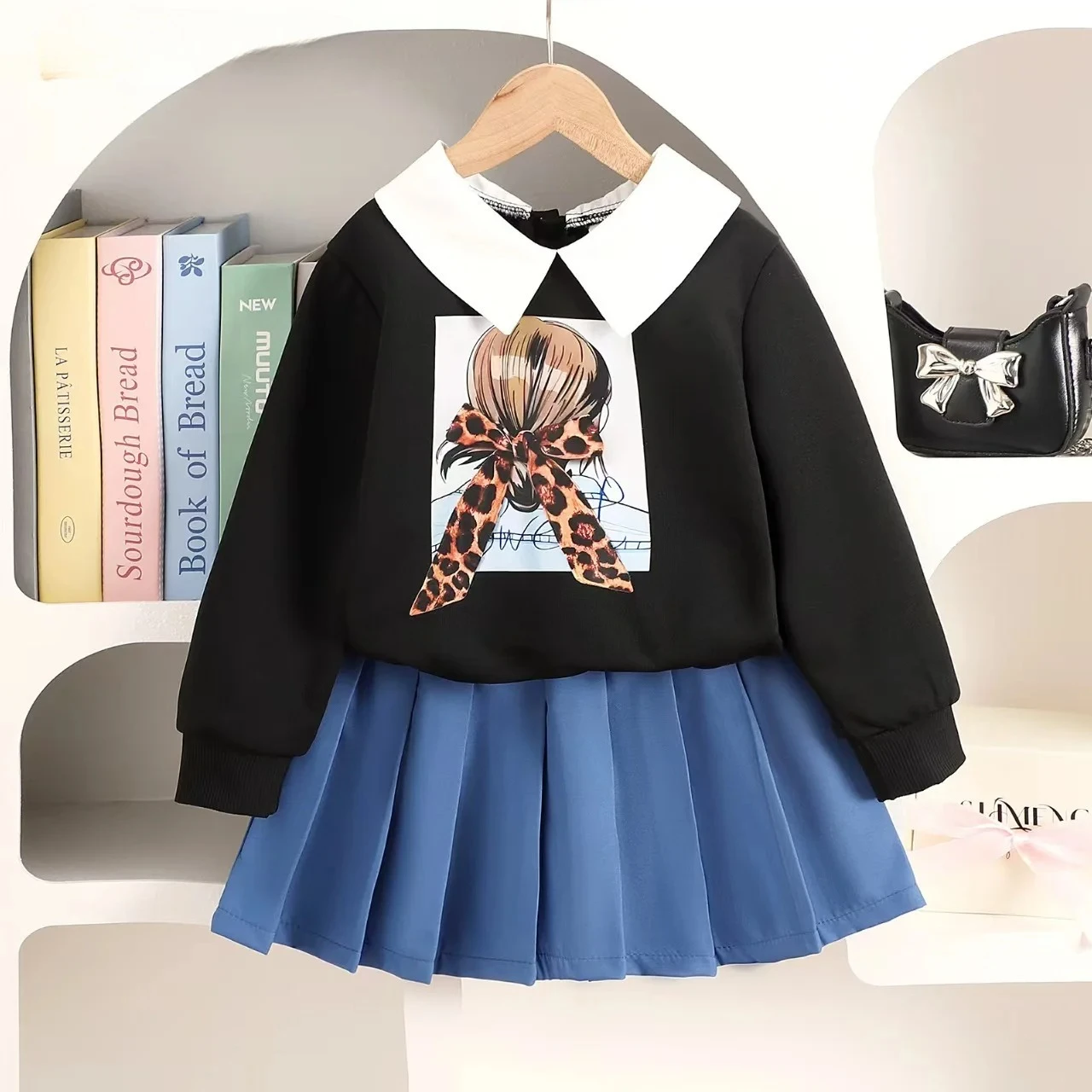 

Spring Autumn New College Style Kids Clothes Girls Cartoon Printed Long Sleeved Lapel Top+Solid Color Pleated Skirt 2-piece Set