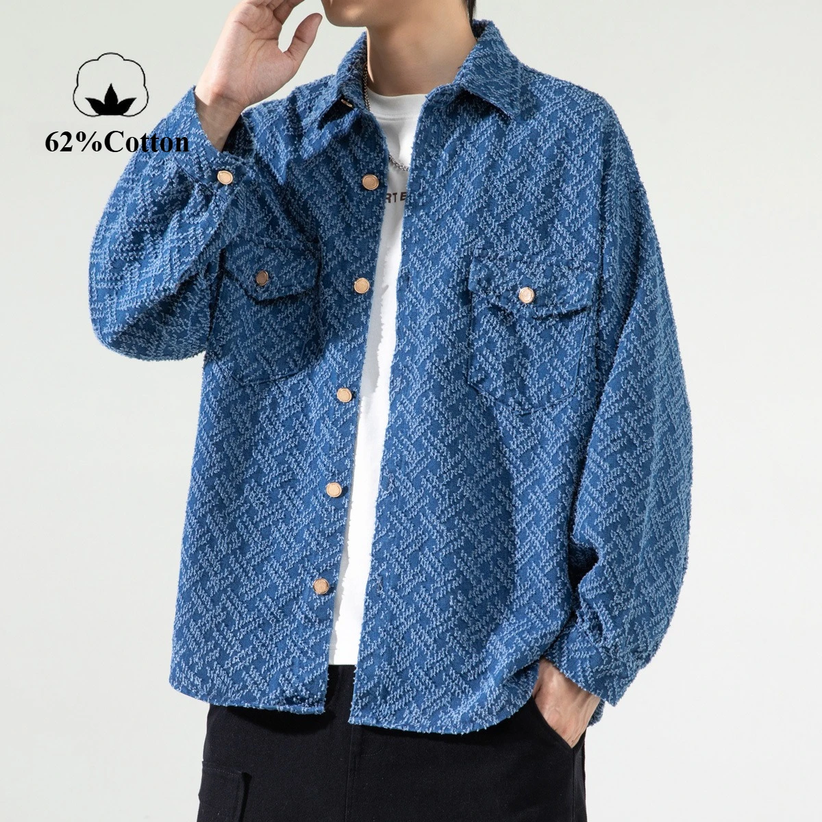 

Men's Textured 62% Cotton Long-Sleeve Shirt Jacket: Casual All-Season Durable Overshirt​ Unisex