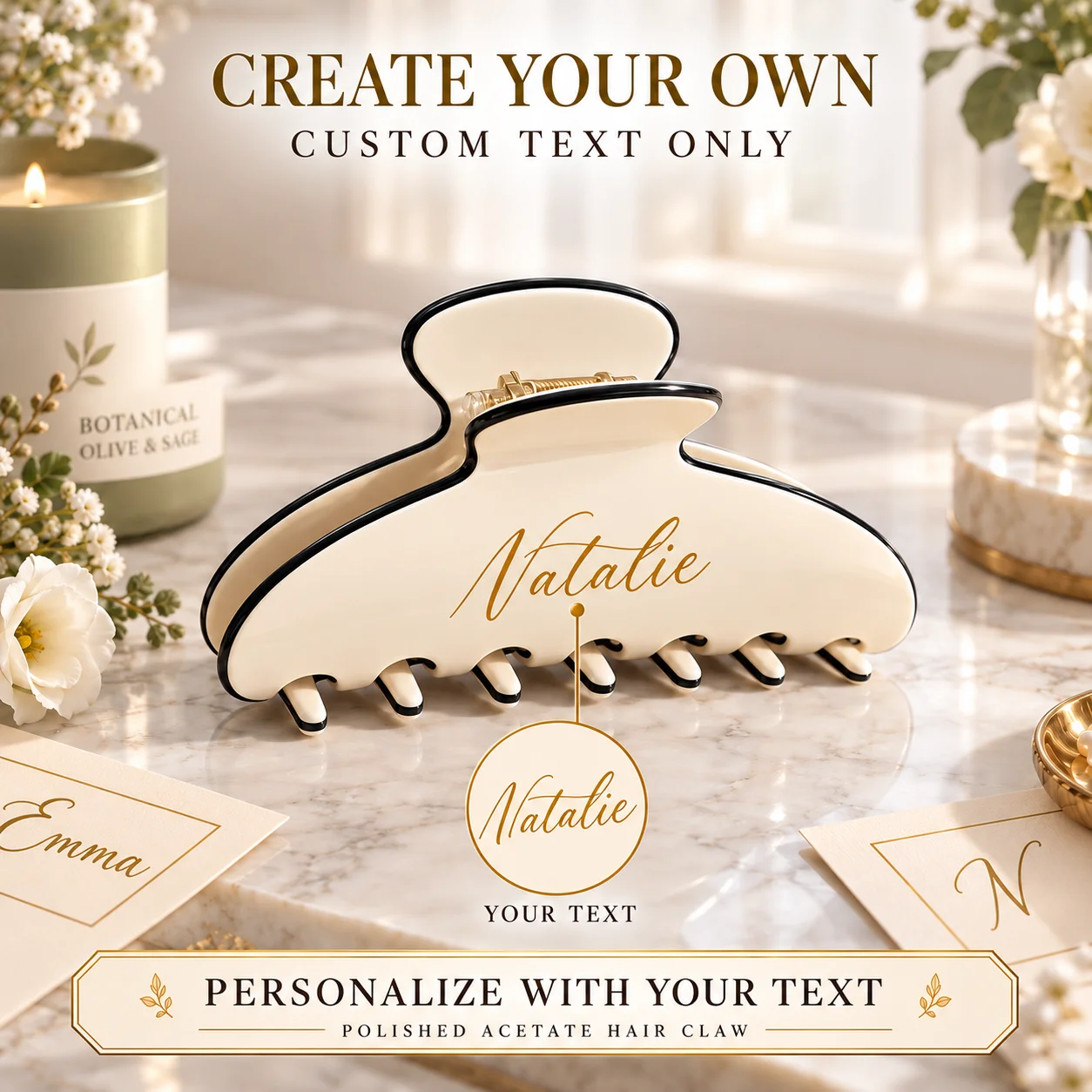 Personalized Acetate Hair Claw Clip Custom Name Initial Text Ivory Black Trim Hair Accessory for Women Girls Everyday Wear Gifts