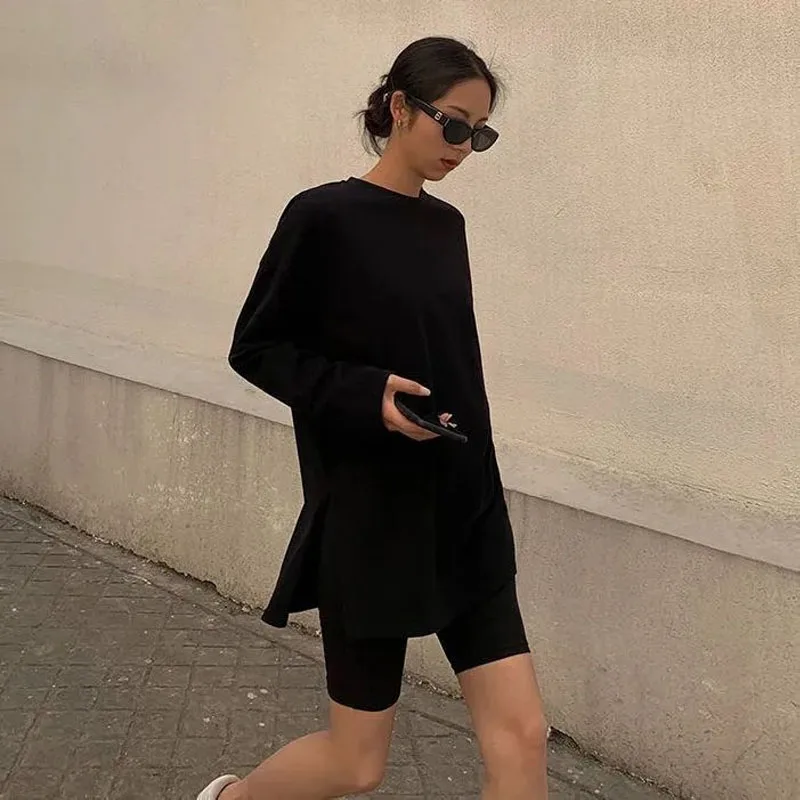 Puur Katoen Aan Beide Zijden Vorken Lange Mouwen T-Shirt Dames Lente Nieuwe Effen Kleur Losse All-Match Onderhemd Temperament Tops