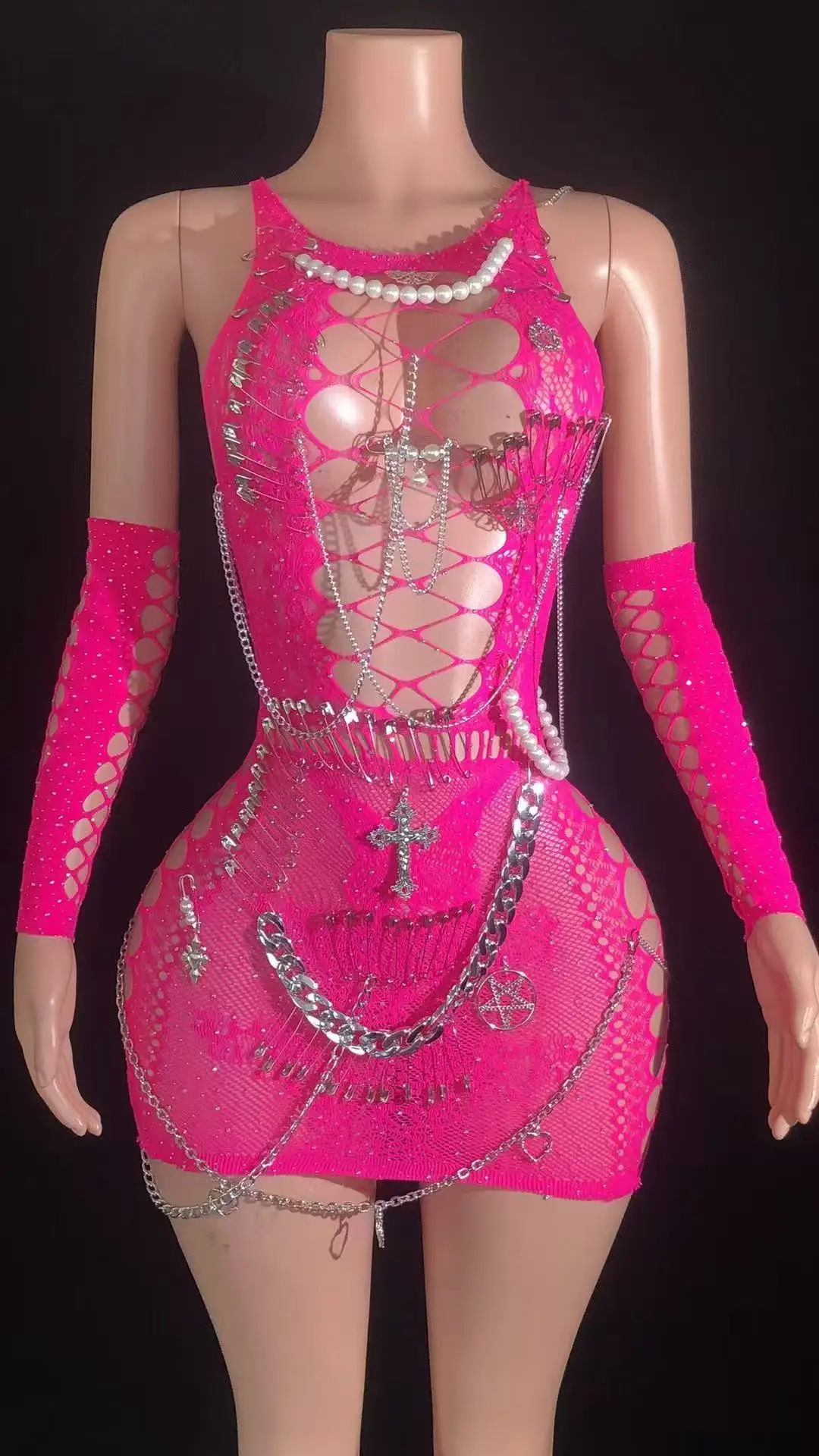 Women Sparkling Metal Chain Sleeveless Cut Out Bodycon Bodysuit Celebrity Nightclub Bar Party Stage Performance Photoshoot Dress