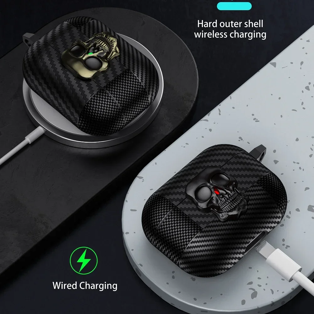 Unique Skull Rotating Lock Design Carbon Fiber Texture Earphone Case For Apple AirPods Pro 4 3 2 Headphone Cover With Carabiner