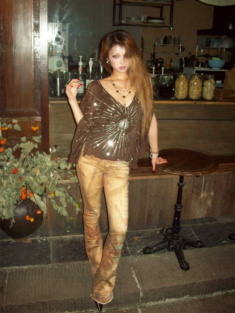 

Ретро-топ Vaion с бисером и пайетками, струящийся, в стиле Гэтсби, с V-образным вырезом, разрезом, модный, с высокой талией, с абстрактным узором