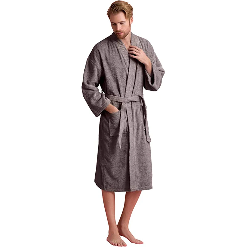 Absorb Water Men\'s Bathrobe Solid Long Sleeve Pockets Kimono With Sashes Terry Cotton Luxury Dressing Gown For Man 2024