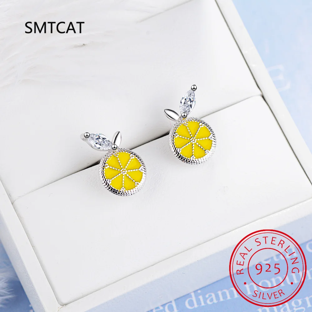 925 Sterling Silver Prevent Allergy Crystal Fruit Lemon Stud Earrings for Women Gift Jewelry pendientes boucle d oreille