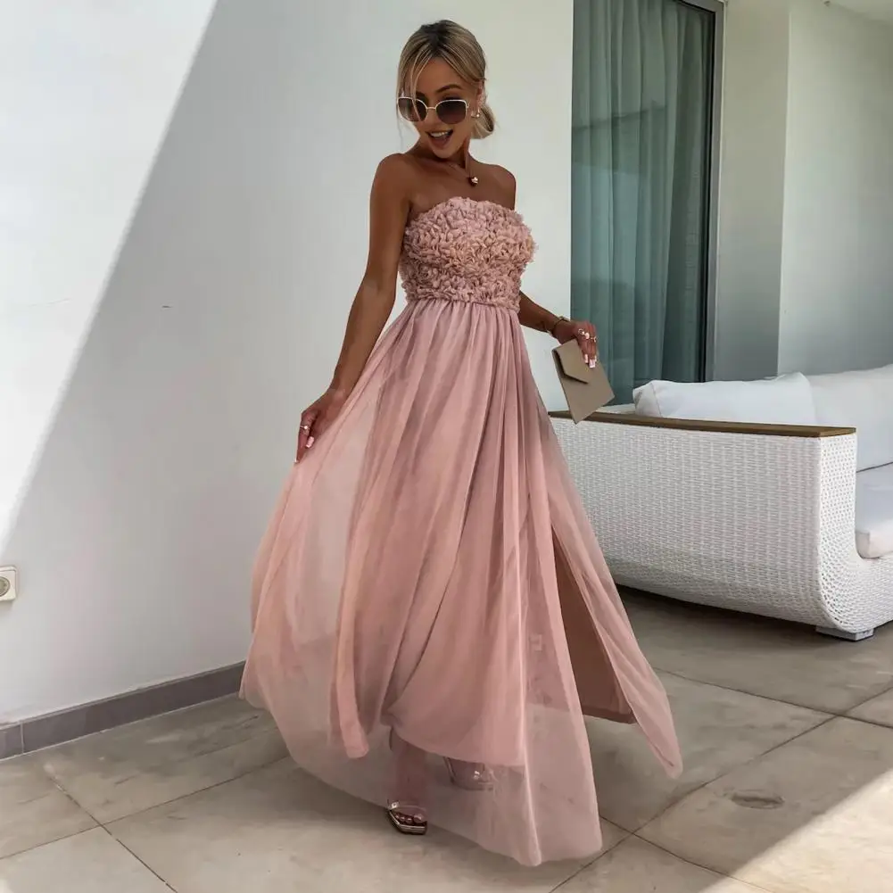 

Prom Maxi Dress Elegant Lace Prom Ball Gown Maxi Dress with Off Shoulder Bandeau Flower Applique Women's Evening Dress with High