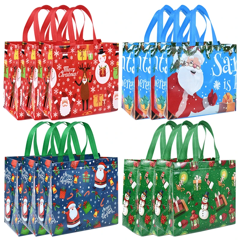 4Pcs Christmas Gift Bag with Handle Xmas Non-Woven Tote Bag Santa Snowman Candy Treat Bag Navidad 2025 New Year Party Decoration