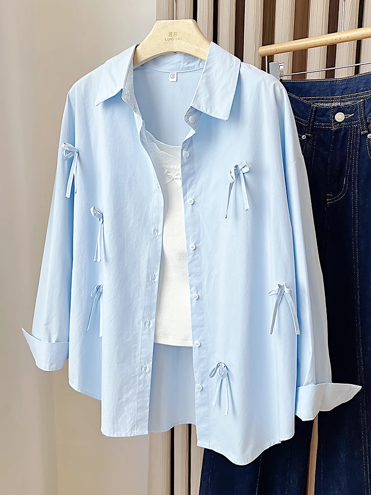 

Blue Bow Long Sleeve Shirt Women Spring Autumn New French Style Temperament Single Breasted Coats Casual Loose Solid Lapel Tops
