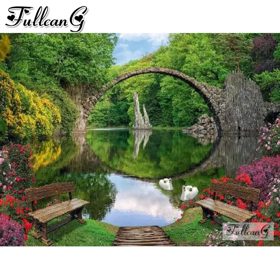 Arch bridge lake scenery 5d diy diamond painting cross stitch swan full rhinestone embroidery mosaic picture wall decor AA3571