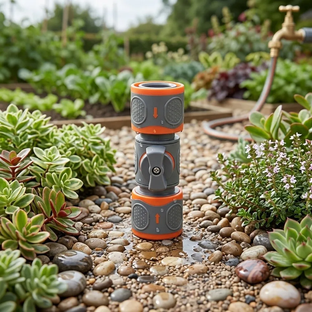 Garden Hose Coupler with Shutoff Valve Features Ergonomic Textured Sleeve for Improved Grip During Assembly or Disconnection