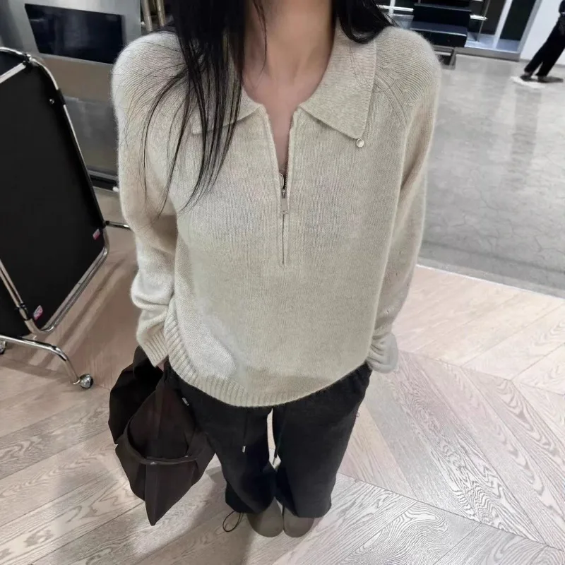 Women Polo Collar Half Zipper Sweaters Solid Color Autumn Winter Warm Tops Female Lapel Kintted Pullovers Elegant Chic Knitwear