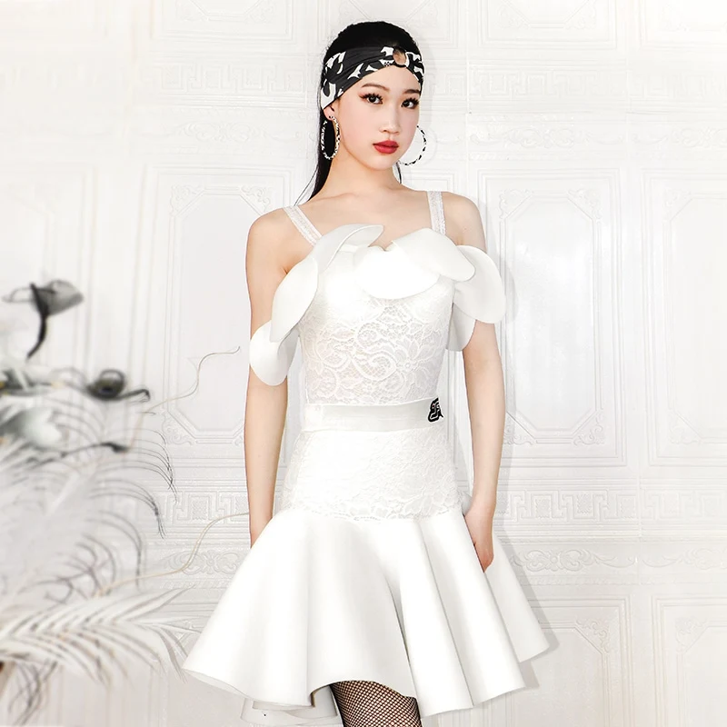 

Adult White Latin Dance Competition Dress Off-Shoulder Bodysuit Skirt Set Rumba Samba Tango Dancing Performance Costume VDB6499