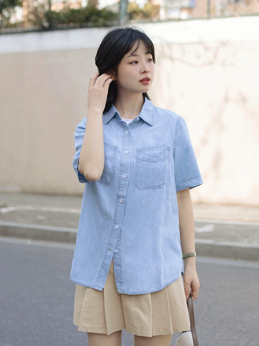 

Светло-голубая джинсовая рубашка женская, весна-лето, повседневная, прямого кроя, из смесового хлопка, с пуговицами, в корейском стиле