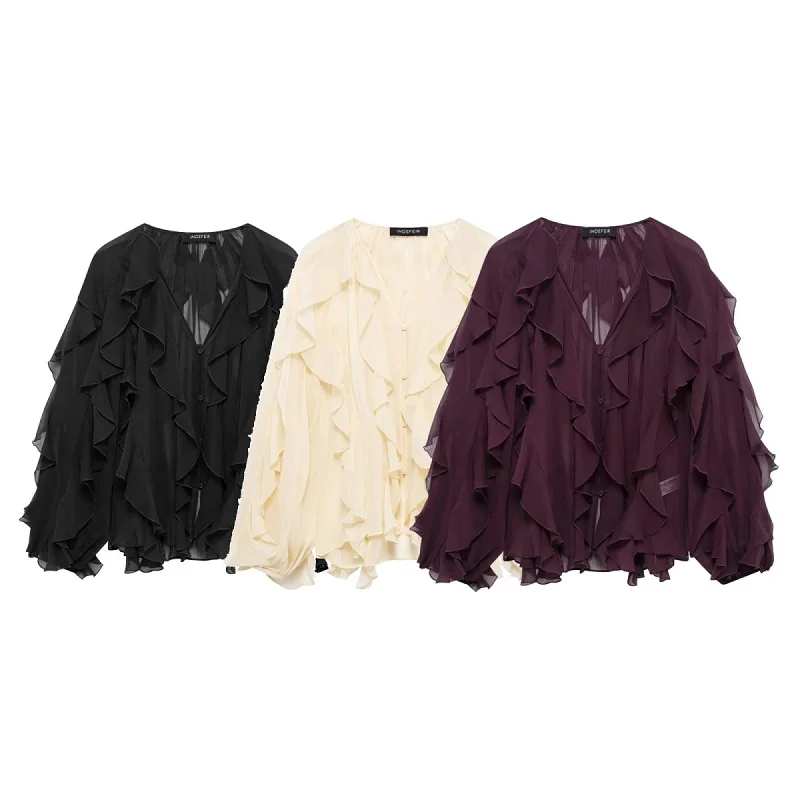 

2025 Ruffles Elegant Shirts & Blouses For Women Long Sleeve Semi-Transparent Tops For Women Fashion Spring Shirt And Blouse Tops