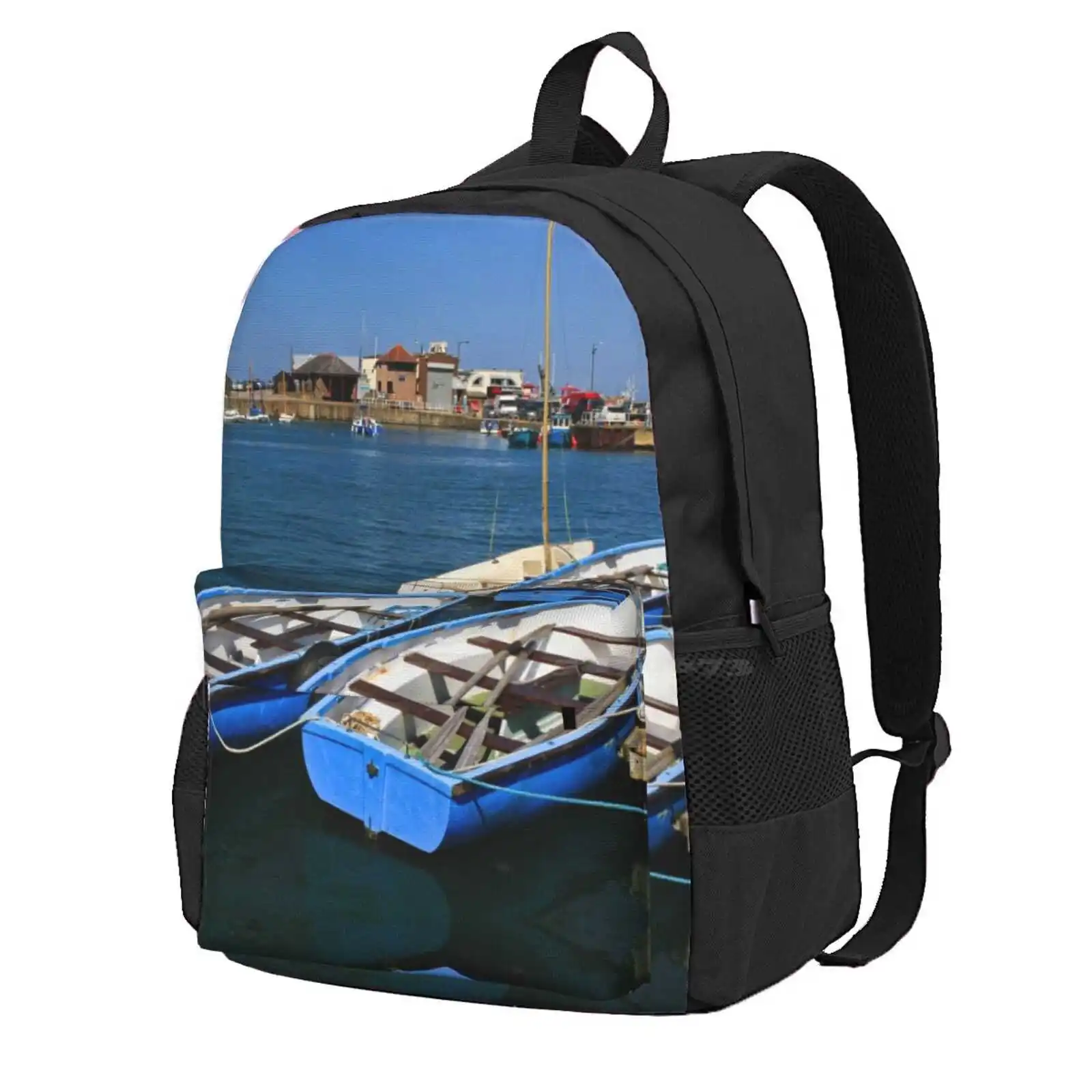 Summer Boats At Stonehaven Hot Sale Schoolbag Backpack Fashion Bags Stonehaven Harbour Boats Summer Sunshine Aberdeenshire Blue