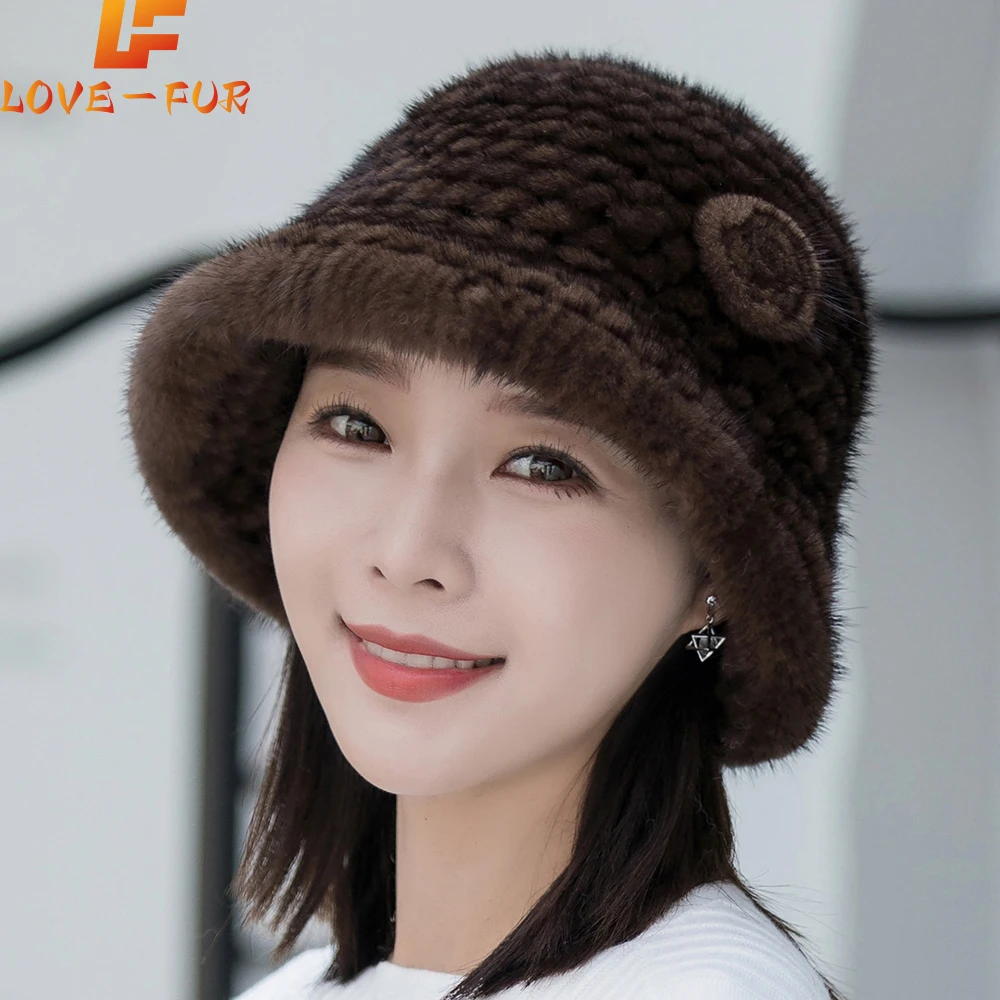 Woman Hat Winter Solid Mink Caps With Flower Natural Mink Fur Hats New Russian Girl Soft Knitting Real Fur Bucket Hats 2024 Warm