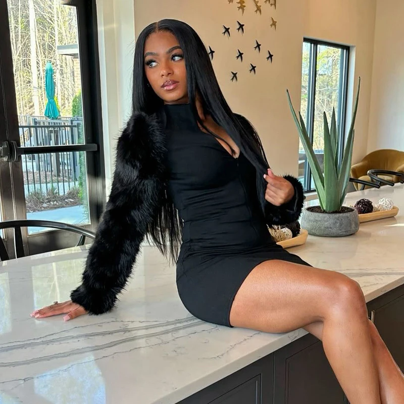CUTENOVA automne/hiver femmes couleur unie décolleté fermeture éclair manches en fausse fourrure Patchwork à manches longues Sexy ajusté robe moulante