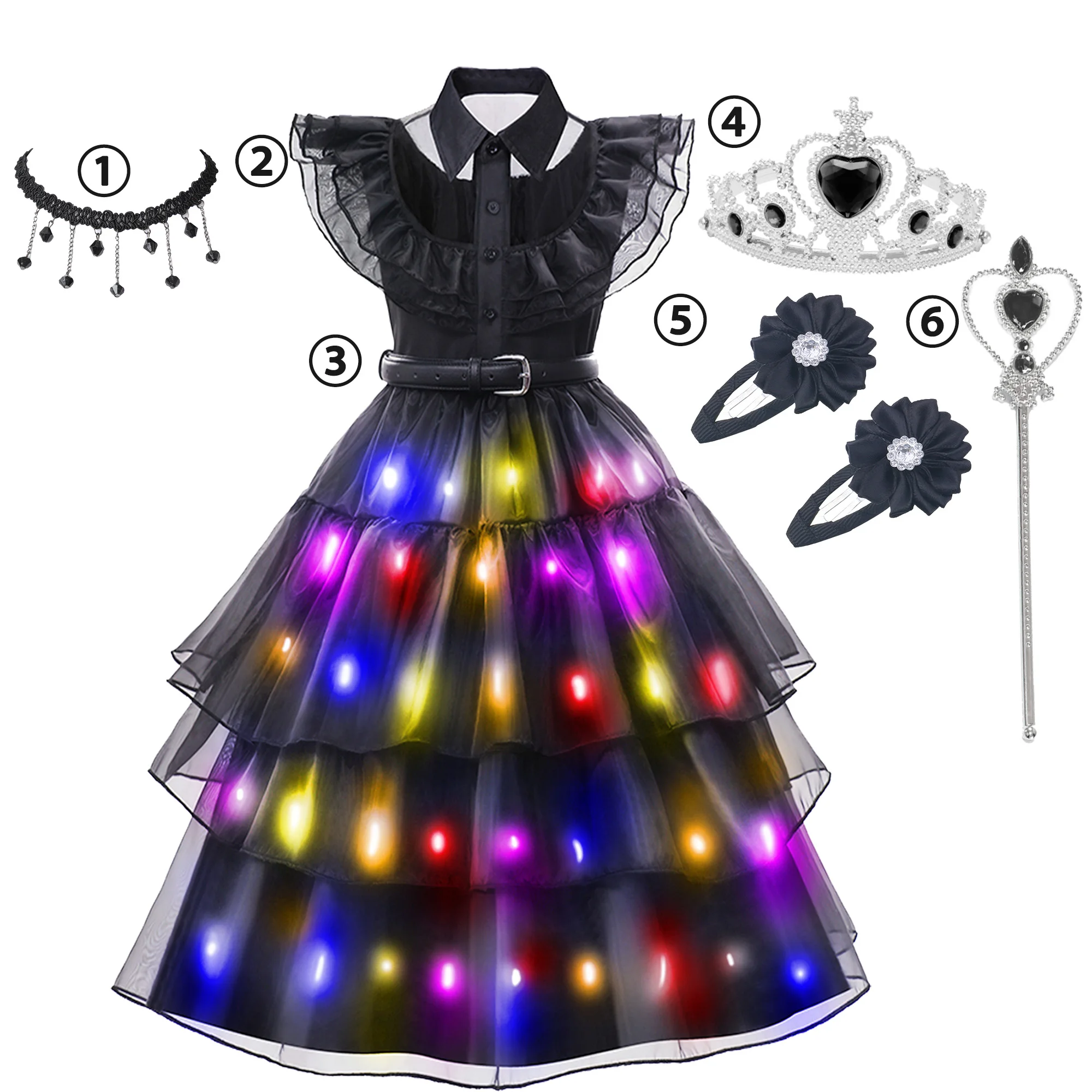 Girls Wedns day Costume Merlina LED Light Up Dress Halloween Costumes Carnival Party Clothes For Kids Wed day Family Dress Up