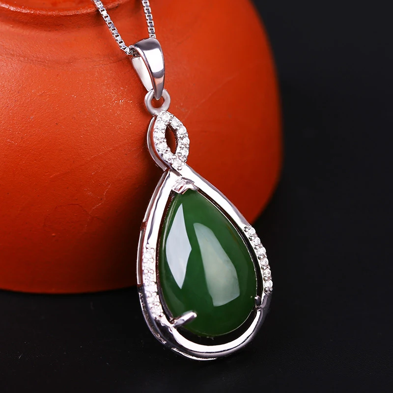 Hotan Drop Spinach Green Loose Stone Ring Face S925 Silver Mounting Jade Pendant