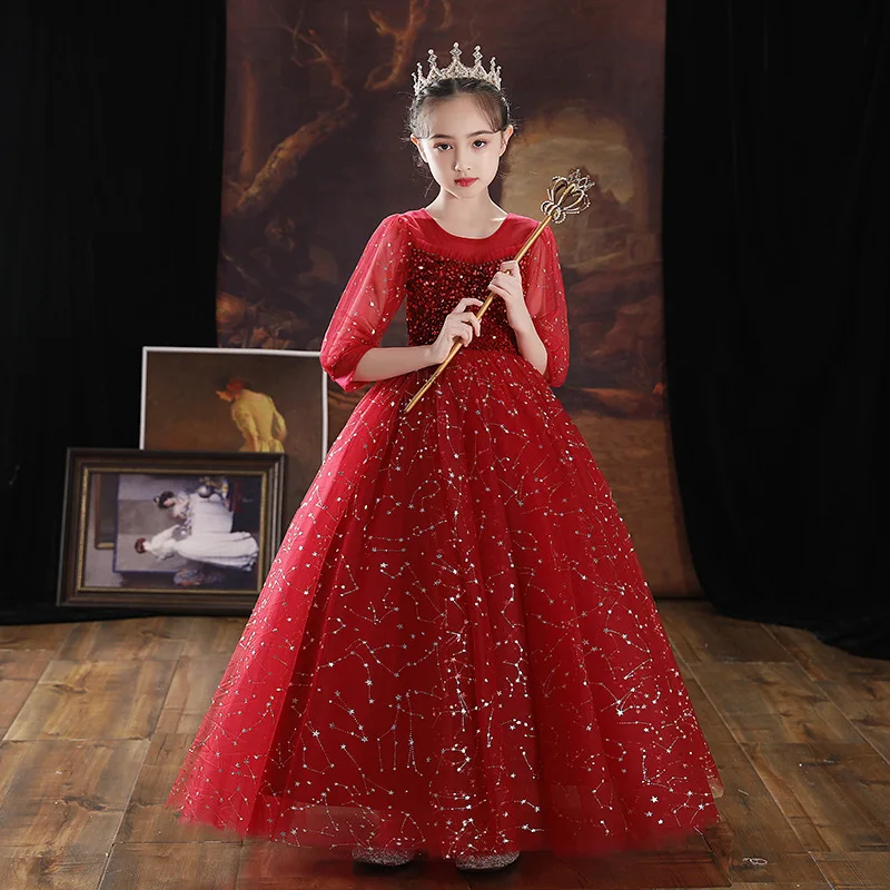 

Girls' Fashionable Evening Dress Children's Stylish Puffy Tulle Princess Dress Little Girl Host Piano Performance Costume