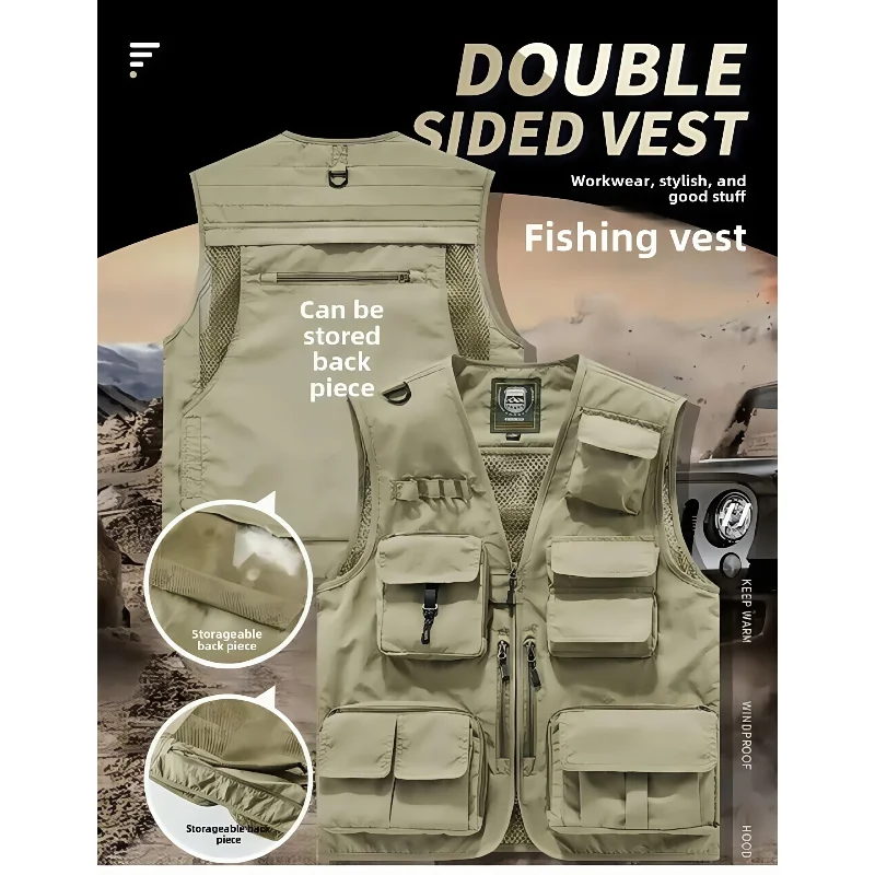 2025 Multi-Pocket Men's Casual Four-Season Outdoor Fishing Vest Photography Gear Clip-On Shoulder Jacket Thin Layer Hiking Vest
