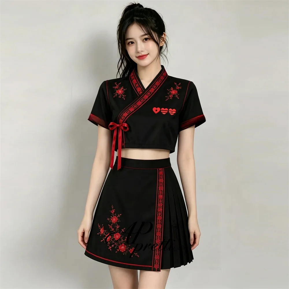 AP pretti Vintage Korean Performance Short Prom Cocktail Dress 2 PCS Embroidery Pattern Top A-Line Mini Skirt Satin Customized