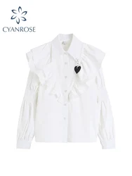 Fashion Vintage Shirt Women Tops 2022 New Blouse Sweet Autumn Tiered Ruffles Auricular Edge Heart-shaped Bubble Sleeve White Top