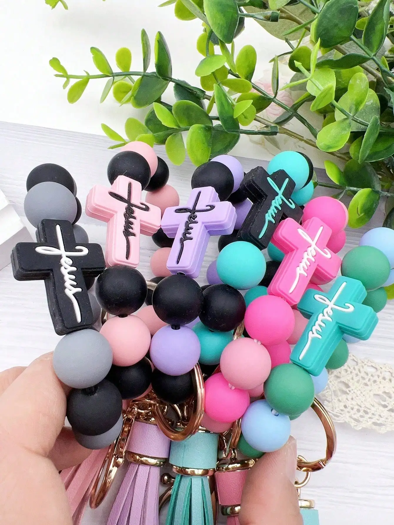 

Silicone Cross Bead Keychain with Tassel Charm, Multi-Color Wristband Accessory for Bags or Car