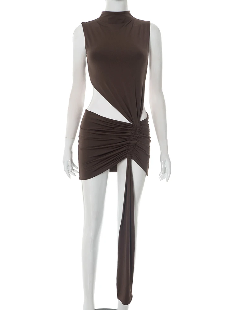 Macheda เซ็กซี่ Hollow เอวชุดมินิผู้หญิง O-คอแขนกุด Ruched ริบบิ้นผอมพีชก้น Midnight Club Party ชุด