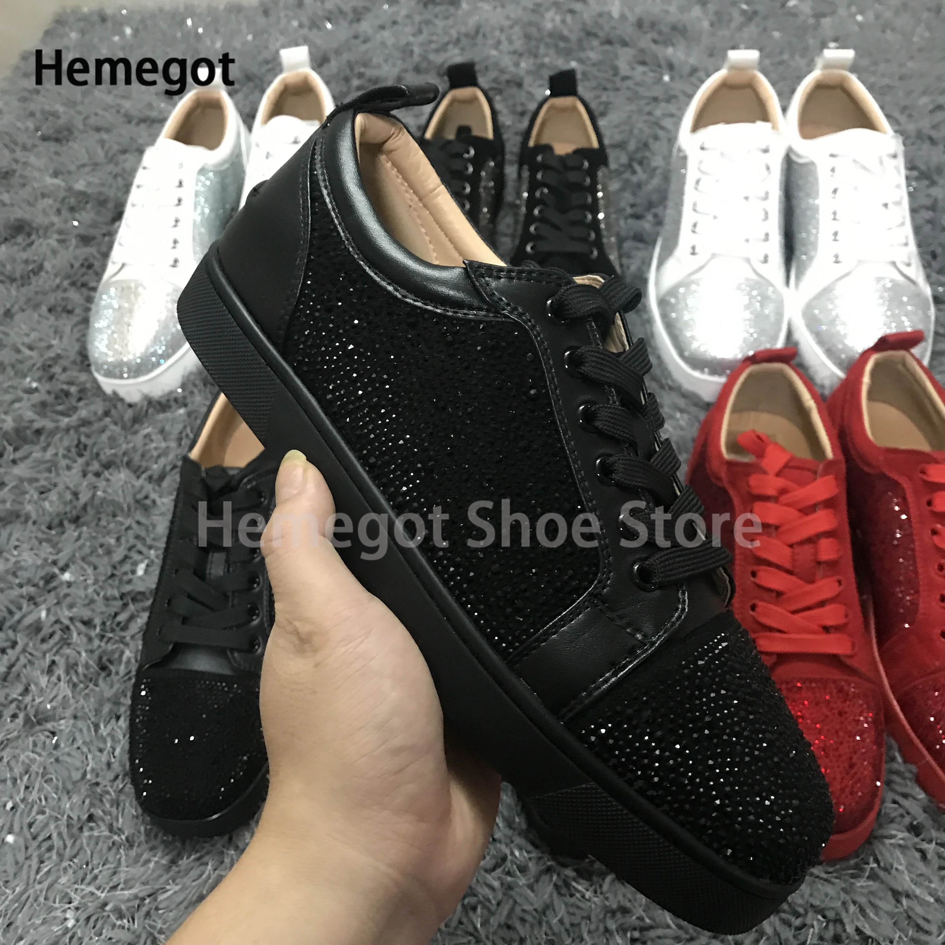 

Low-Top Rhinestone Sneakers Men Spring and Autumn Luxury Brand Lace-Up Casual Shoes Red Black White Flats Leather Board Shoes