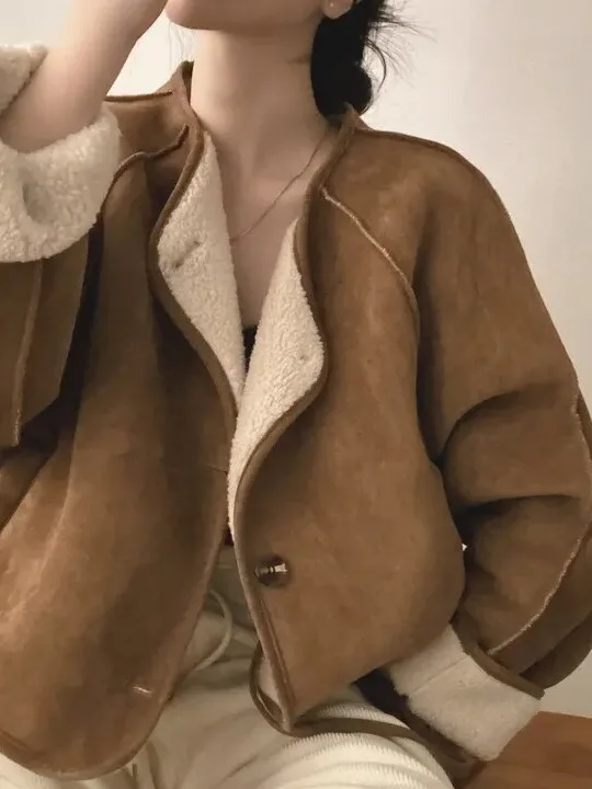 Retro Leather And Fur Spliced Lamb Fur Jacket Women's Loose Warm Long Sleeve Cotton Top Spring Autumn Winter New Style