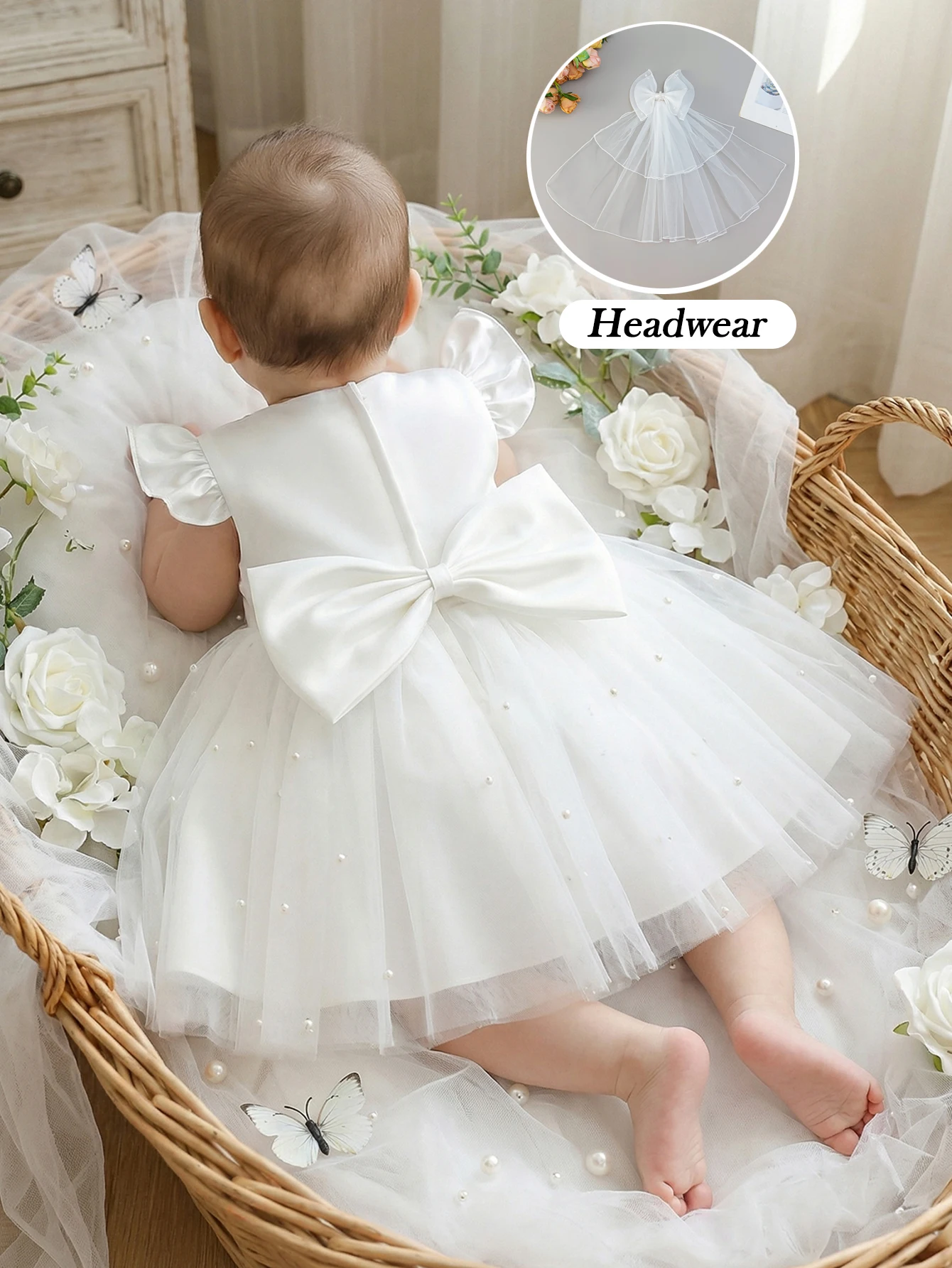 

Elegant White Princess Dress for Girls Featuring Flutter Sleeves, Decorative Bow, Wedding, Birthday Party, Banquet,with Headwear